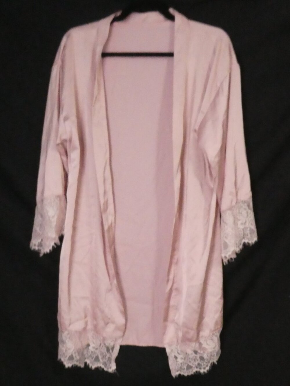 Handmade Pink Satin Kimono Robe with Delicate Lace Trim - P2P 21" measured